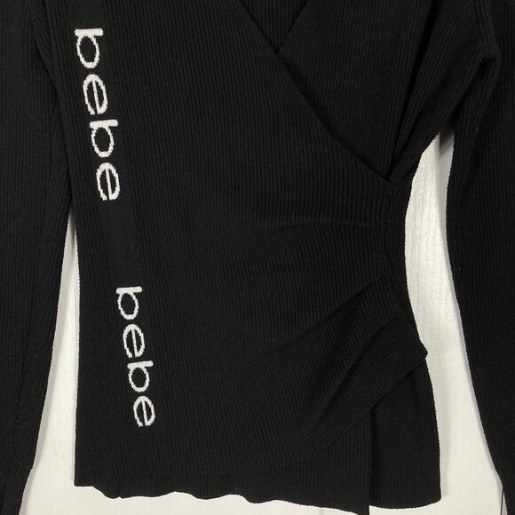 NWOT BEBE Sweater L Black White Logo Spellout Faux Wrap Pleated Long Slv - Picture 5 of 8